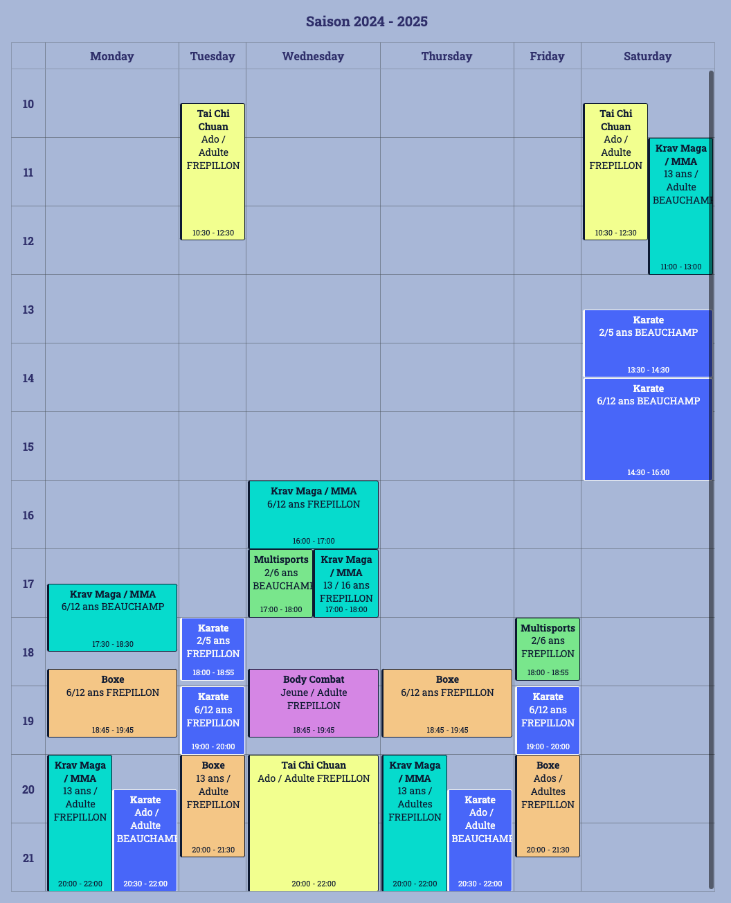 Horaires et lieux des cours